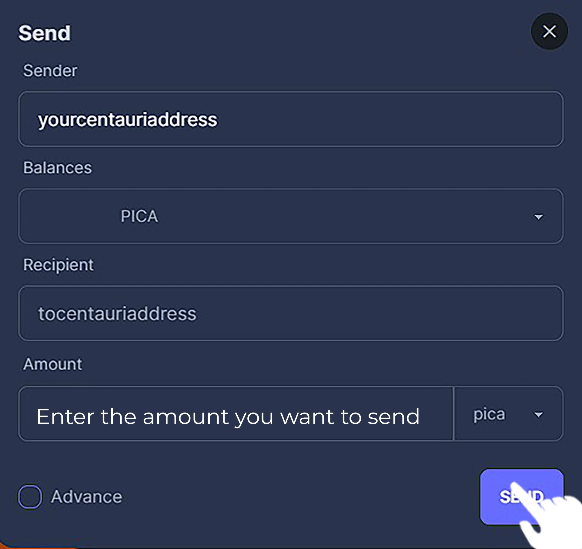 Pop up send assets